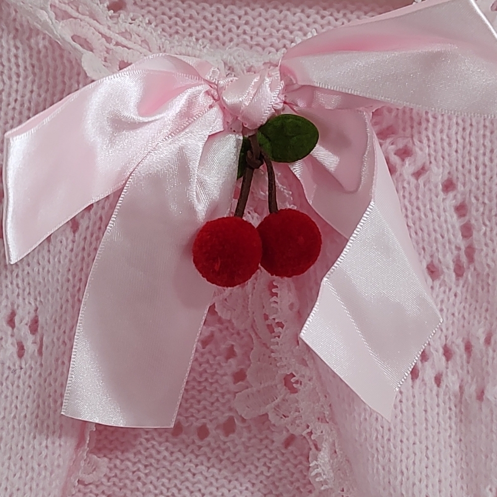Pink Cherry Pattern Knitted Short Sleeve Scalloped Hem & Cherry Appliques - Picture 4 of 5